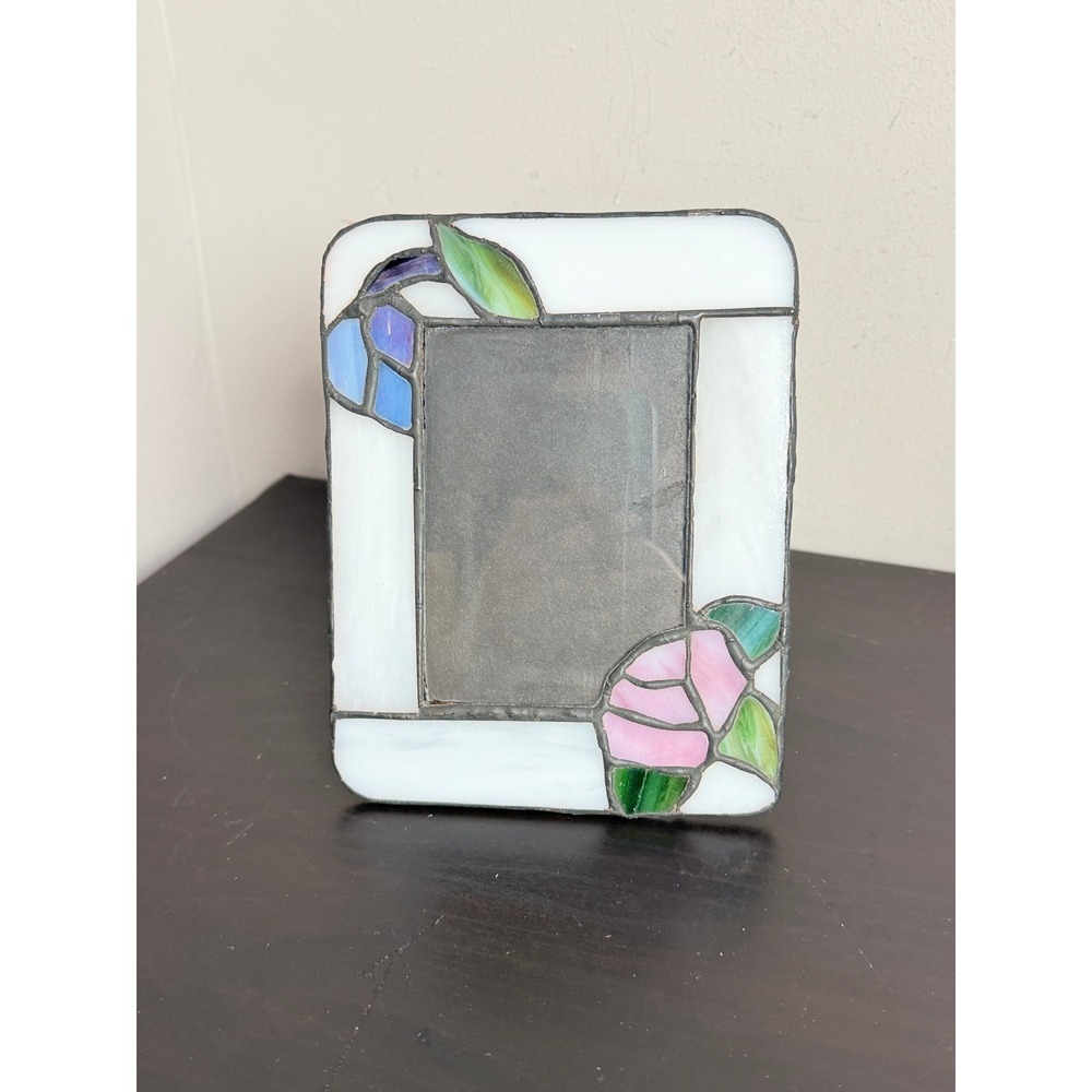 Vintage Tiffany Style Stained Glass Floral Picture Frame White Pink Rose 5x3.5
